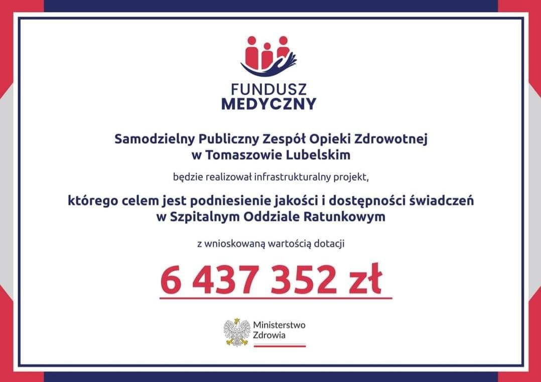 Samodzielny Publiczny Zespół Opieki Zdrowotnej w Tomaszowie Lubelskim pozyskał kolejne środki na ...